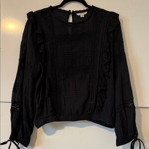 American Eagle Outfitters Black Ruffle Lace-Trim Long Sleeve Blouse